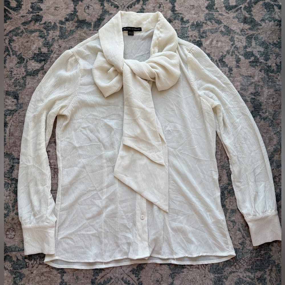 Harlowe Graham White Semi-sheer Tie Neck Blouse Top Bow Size M